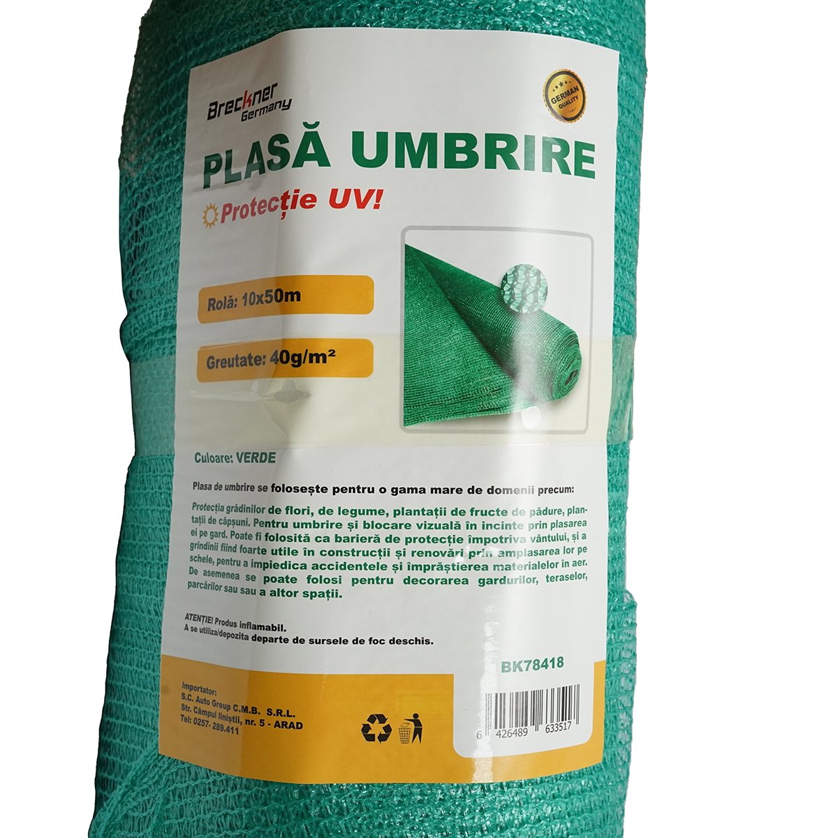 Plasa umbrire 40% latime 10m, lungime 50m verde din polietilena cu protectie UV